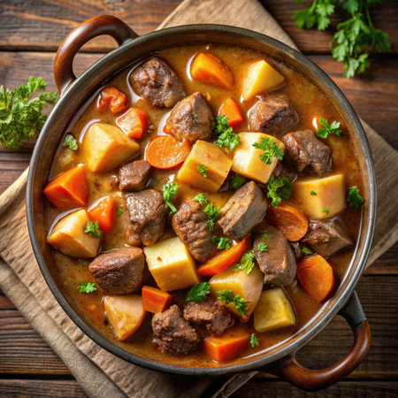 Beef stew with potatoes, carrots and parsley in a bowl on wooden backgroundの写真素材