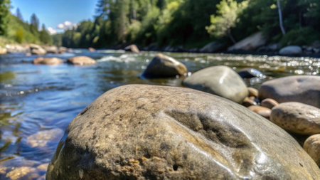 Rocks on the bank of a mountain river. Beautiful summer landscape.の写真素材