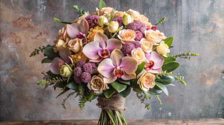 Beautiful wedding bouquet with orchids and other flowers.の写真素材
