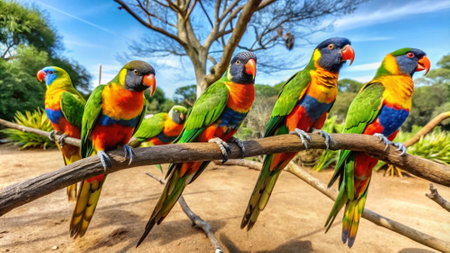 Colorful parrots on a branch in the park, Australia.の写真素材