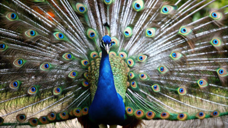 Peacock with a beautiful tail and feathers. Close up.