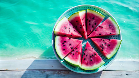 Watermelon slices in a plate on a wooden table by the swimming poolの写真素材