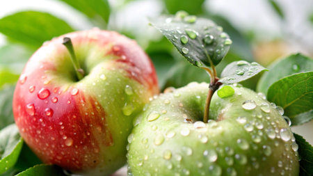 Red and green apples with water drops on green leaves, closeupの写真素材