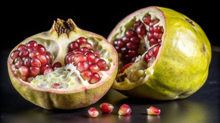 Ripe pomegranate fruits on a black reflective background.