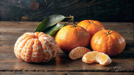 Ripe tangerines on a wooden table. Tangerines on a wooden background.の写真素材