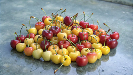 Red and yellow cherries on the table. Selective focus.の写真素材