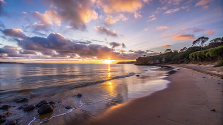 Beautiful tropical sunset on the beach with palm trees and sand.