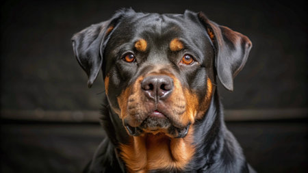 Portrait of a purebred rottweiler on a black backgroundの写真素材