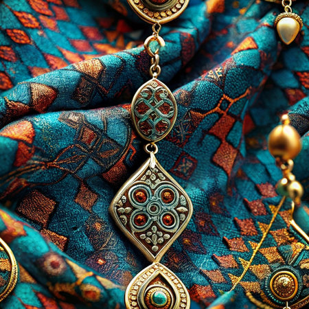 Beautiful jewelry on the background of a turquoise scarf.の写真素材