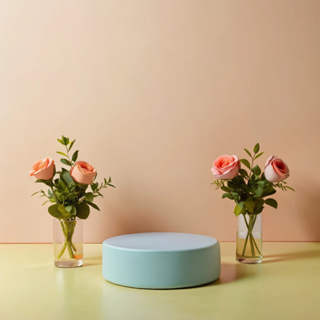 Flowers in glass vase on table near beige wall. Mockup for product displayの写真素材