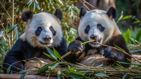 Giant panda bear (Ailuropoda melanoleuca) eating bambooの写真素材
