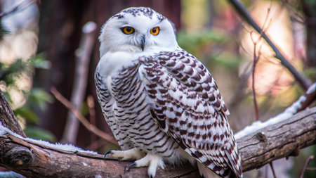 Snowy Owl (Bubo scandiacus) sitting on a branchの写真素材