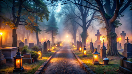 Gothic cemetery at night with fog and lanterns. Halloween backgroundの写真素材