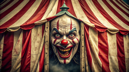 Close-up of a scary clown in a circus tent with red and white stripesの写真素材