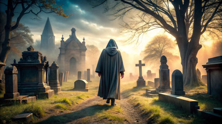 Mysterious man in the cemetery at sunset. Halloween concept.