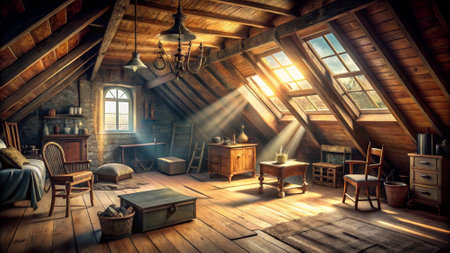 Interior of a rustic attic room with wooden furniture and sunlight.の写真素材