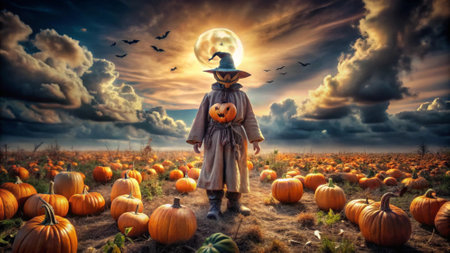 Halloween witch in pumpkin field with full moon. Halloween background.の写真素材