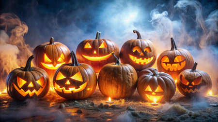 Halloween pumpkins with scary faces on dark toned foggy backgroundの写真素材