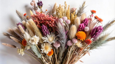bouquet of dried flowers in a vase on a white backgroundの写真素材