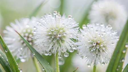 Water drops on dandelion flower in the garden after rain.