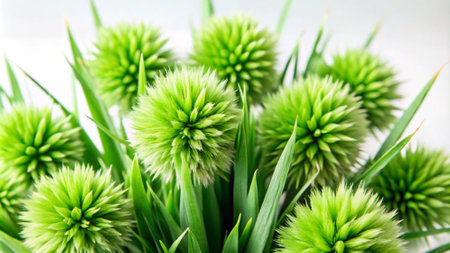 Green spiky flowers on a white background. Selective focus.