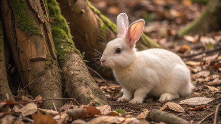 White rabbit sitting on ground in forest, close-up of animal