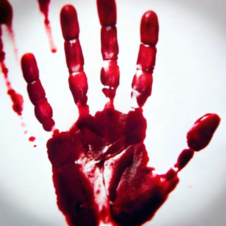Bloody handprint on a white background. Close-up.の写真素材
