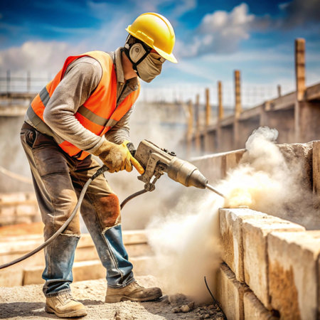 construction worker using a grinder at a construction site. Work safety conceptの写真素材
