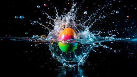 Colorful easter eggs falling into water with splash on black backgroundの写真素材