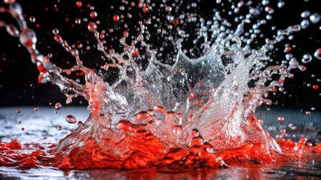 splashes of red water on a black background. close-upの写真素材