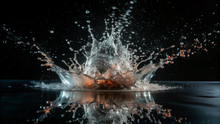water splash isolated on black background. Splash effect after collision a falling drops with water Surfaceの写真素材
