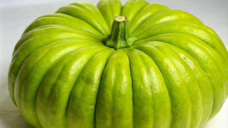 Green pumpkin on a white background. Close-up. Selective focus.の写真素材