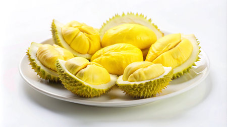 Fresh durian fruit isolated on white background. Durian is a king of fruit in Thailand.の写真素材