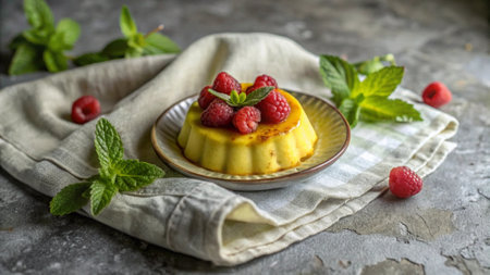 Panna cotta with raspberries and mint on a gray background
