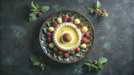 Creme caramel with raspberries and mint on a dark backgroundの写真素材