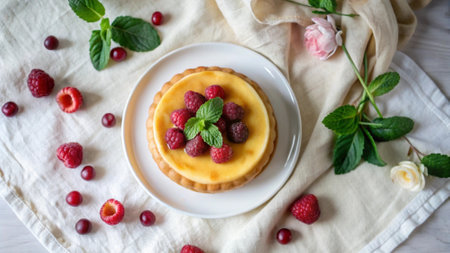 Cottage cheese tart with raspberries and mint on a light background.の写真素材