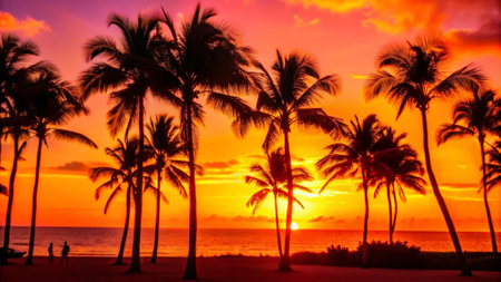 Silhouette coconut palm tree on the beach at sunset time - Vintage Filterの写真素材