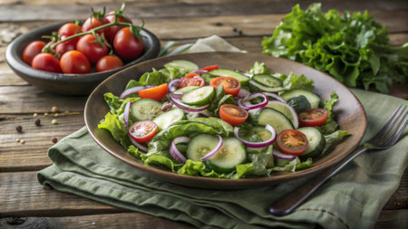 Fresh salad with cucumber, tomato and red onion on wooden backgroundの写真素材