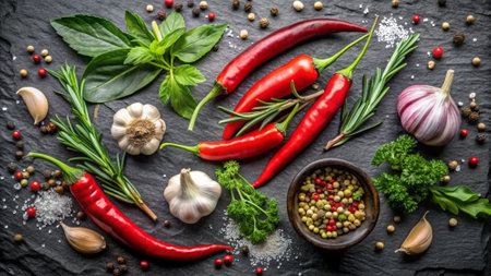Spices and herbs on a black background. Food and cuisine ingredients.の写真素材