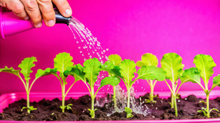 Watering the seedlings with a watering can on a pink backgroundの写真素材