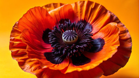 poppy flower close-up on a yellow background, selective focusの写真素材
