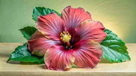 Hibiscus flower with green leaf on wooden table, close upの写真素材