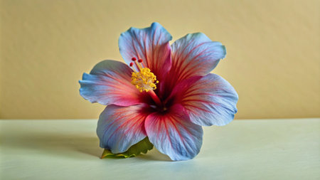 Hibiscus flower on the white table with yellow background.