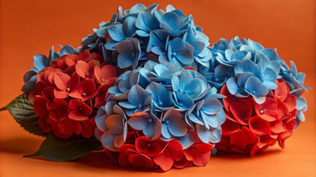 Bouquet of blue and red hydrangeas on orange background
