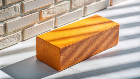 Orange brick on a white background with a shadow from the sun.