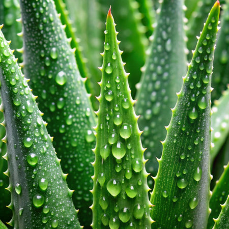 Aloe vera plant with water drops close up. Natural backgroundの写真素材