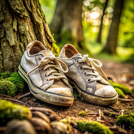 Pair of old sneakers on a mossy ground in the forestの写真素材