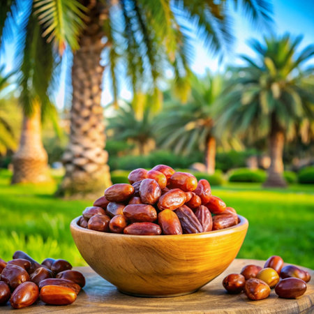 Dates fruits in a wooden bowl on the background of palm treesの写真素材