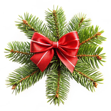 Christmas tree branch with red bow isolated on white background, top viewの写真素材