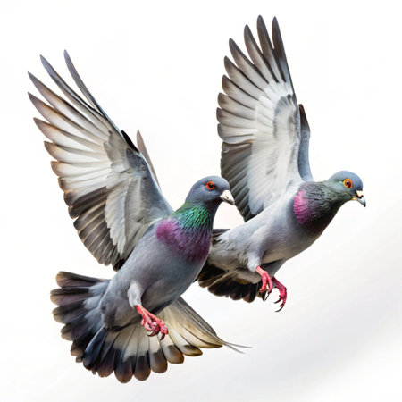 Pair of pigeons isolated on white background. Bird in flight.の写真素材